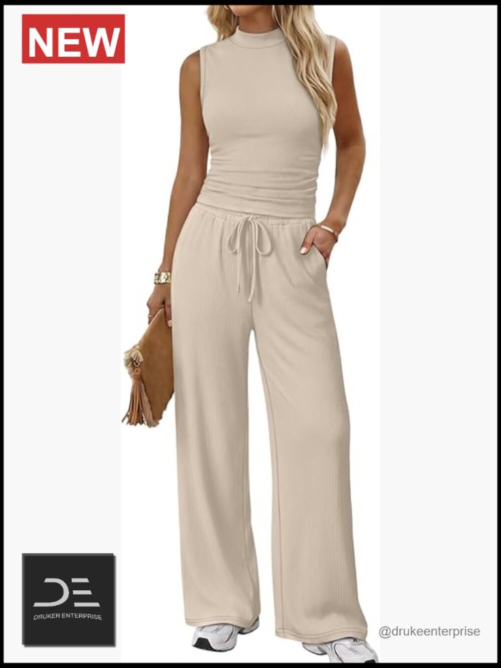 Women's Two Piece Lounge Set Mock Neck Tank Wide Leg Pants Rayon Spandex